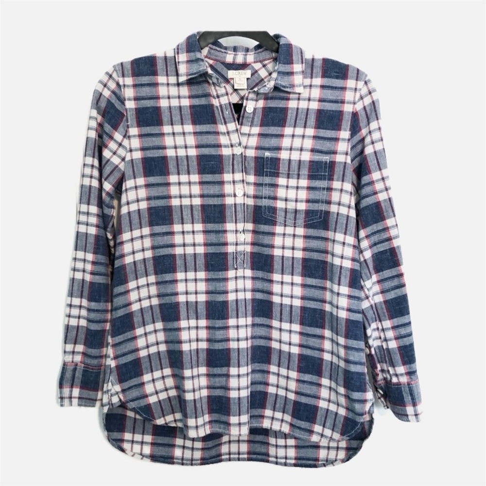 J. Crew Factory Cotton Plaid Partial Button Front Long Sleeve Pointed Collar Top